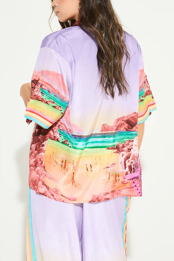 Lilac Sunrise Unique Print Short Sleeve Loose Shirt and Elastic Waist Pocket Pants Set