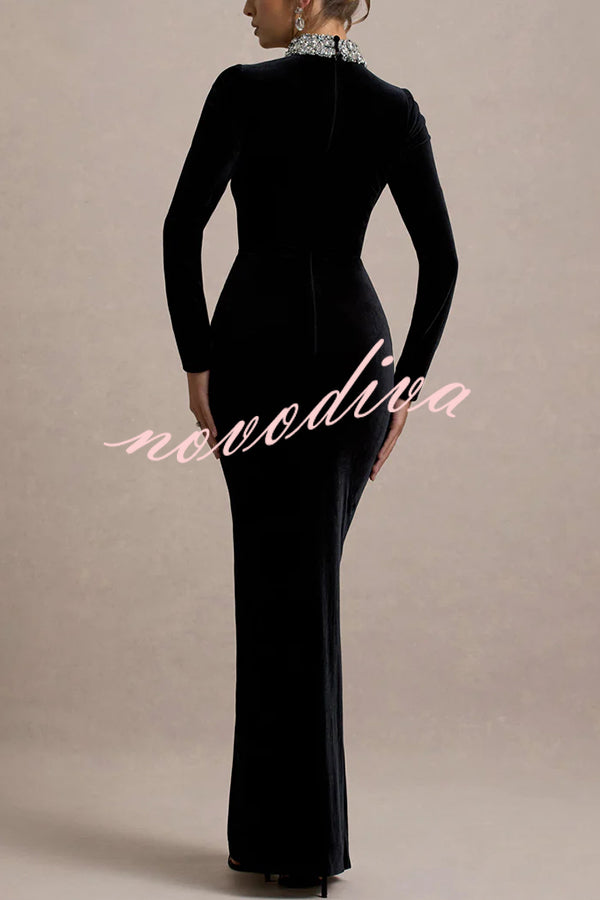 Love Lost Velvet Embellished High Neck Long Sleeve Twist Slit Maxi Dress