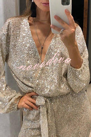 Cheers To You Sequin Long Sleeve Belted Wrap Loose Jumpsuit