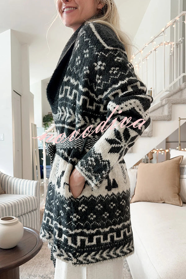 Winter Snowflake Waist Tie Lapel Midi Pocket Knit Cardigan