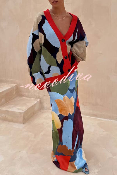Bright and Bold Satin Abstract Color Blocks Print Elastic Waist Drape Maxi Skirt