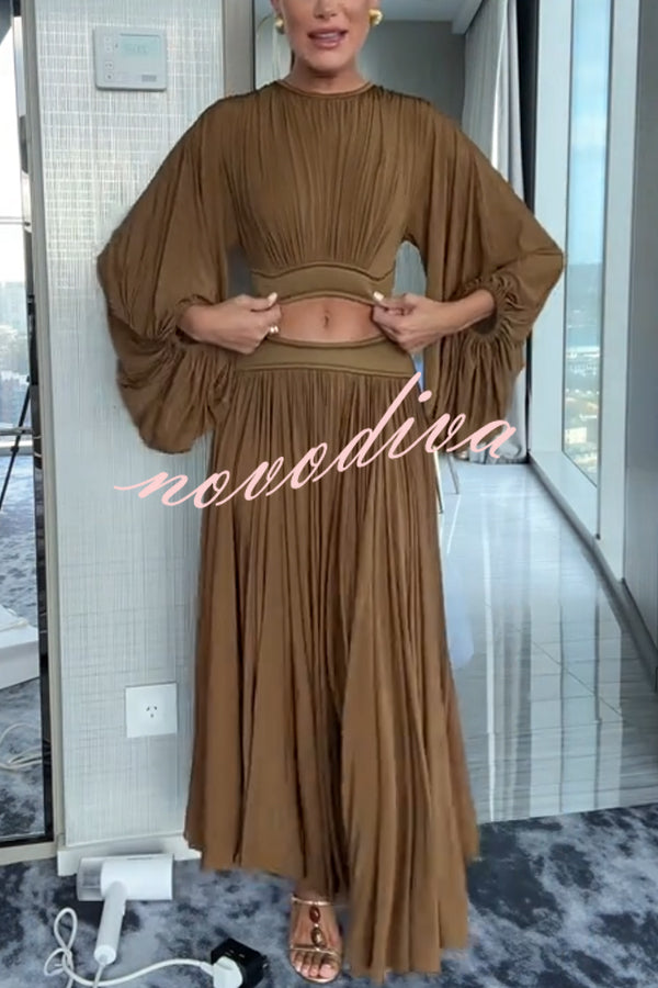 Dramatic Queen Gathered Batwing Sleeve Crop Top and Elastic Waist Slit Maxi Skirt Set