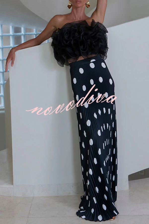Eye-catching Satin Pleated Poka Dot Print High Rise Drape Maxi Skirt