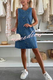 Floral Print Round Neck Sleeveless Loose Denim Mini Dress