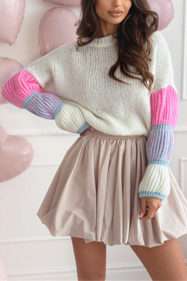 Stylish Loose-fitting Color-blocked Long-sleeved Knit Sweater