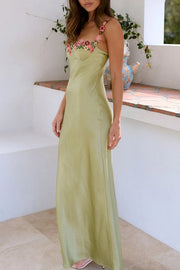 Endless Love Satin Embroidered Flower Trim Strap Maxi Dress