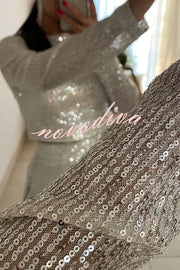 Fashionable Shiny Sequined Long-Sleeved Cropped Top and Casual Wide-Leg Pants Set