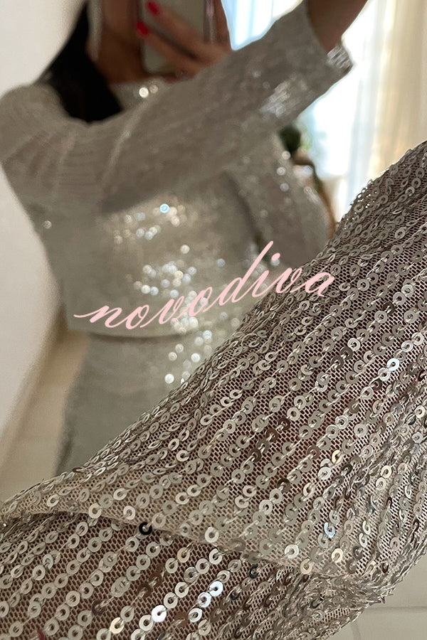 Fashionable Shiny Sequined Long-Sleeved Cropped Top and Casual Wide-Leg Pants Set