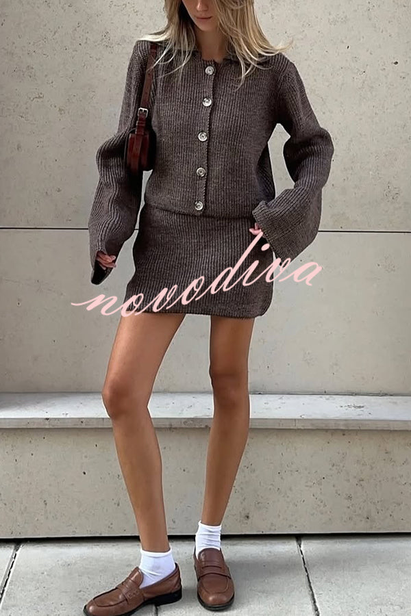 Fashion Lapel Bell Sleeve Knitted Cardigan and Casual Mini Skirt Set
