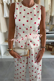 Koreen Polka Dot Round Neck Button Vest and High Rise Pocket Straight Pants Set