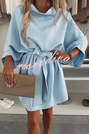 Solid Color Loose Round Neck Belted Mini Dress