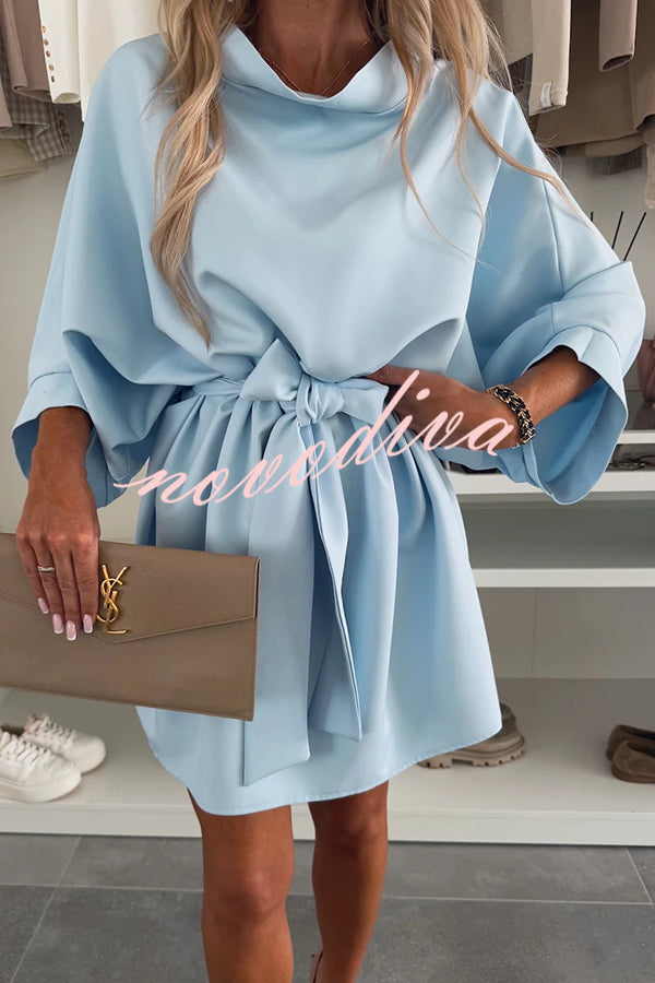 Solid Color Loose Round Neck Belted Mini Dress
