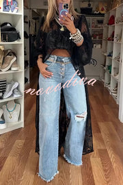 Fashion Denim Button Pocket Ripped Raw Edge Loose Jeans