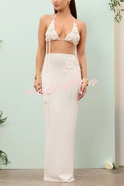 Sexy Crochet Floral Halter Top and Stretch Knit Beach Cover Up Skirt Set