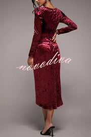 Solid Color Velvet Long-sleeved Slim-fit Slit Midi Dress