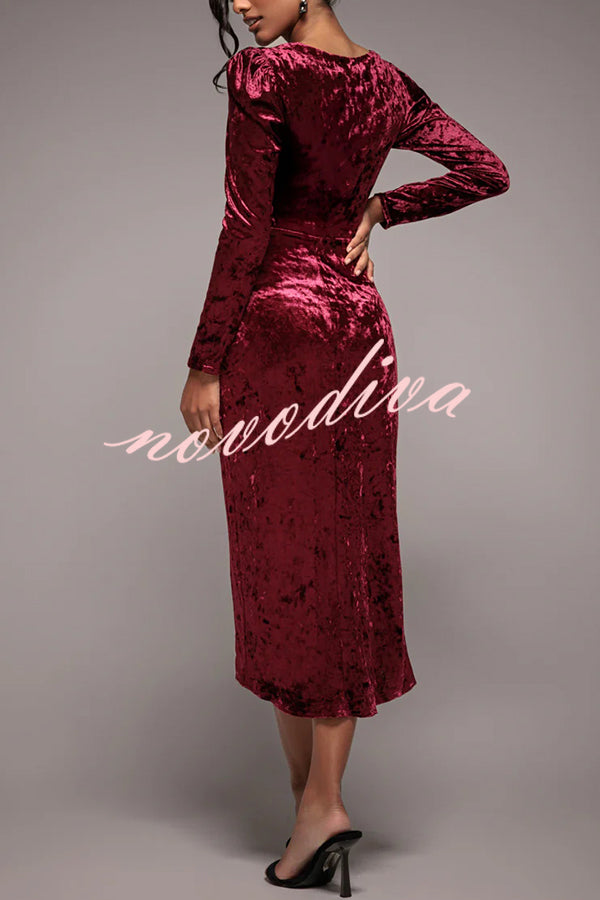 Solid Color Velvet Long-sleeved Slim-fit Slit Midi Dress