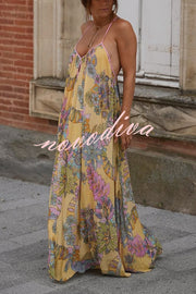 Plant Print Halter Back Loose Holiday Maxi Dress