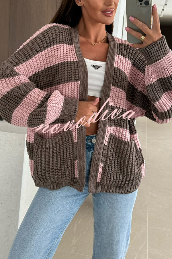 Fashionable Patchwork Striped Casual Pocket Knitted Sweater