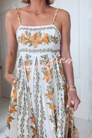 Summer Dreamer Linen Blend Unique Print Beaded Straps Pocketed Maxi Dress