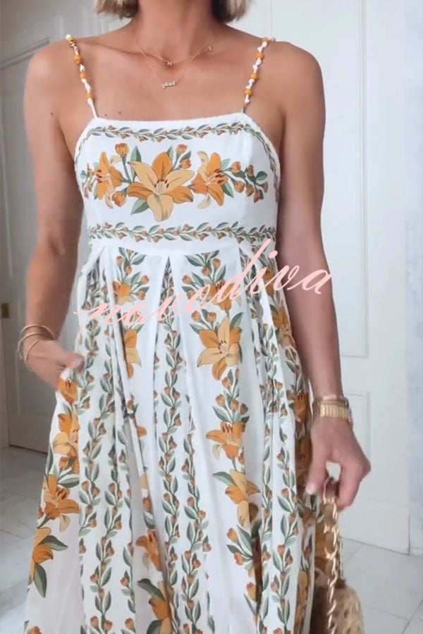 Summer Dreamer Linen Blend Unique Print Beaded Straps Pocketed Maxi Dress