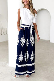 Unique Ethnic Print Belted Casual Pocket Wide Leg Pants