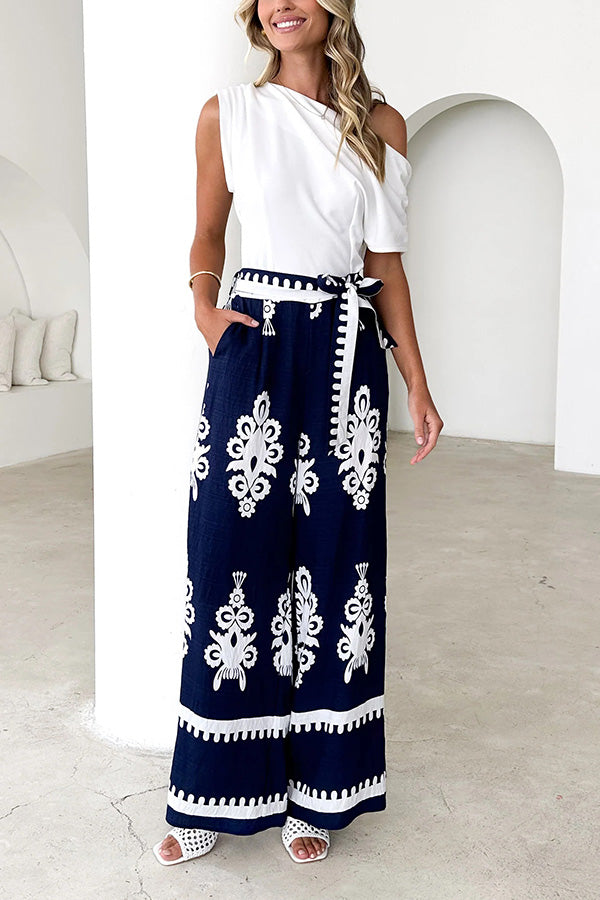 Unique Ethnic Print Belted Casual Pocket Wide Leg Pants