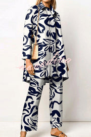 Geometric Print Lapel Long Sleeved Top and Pants Two Piece Set