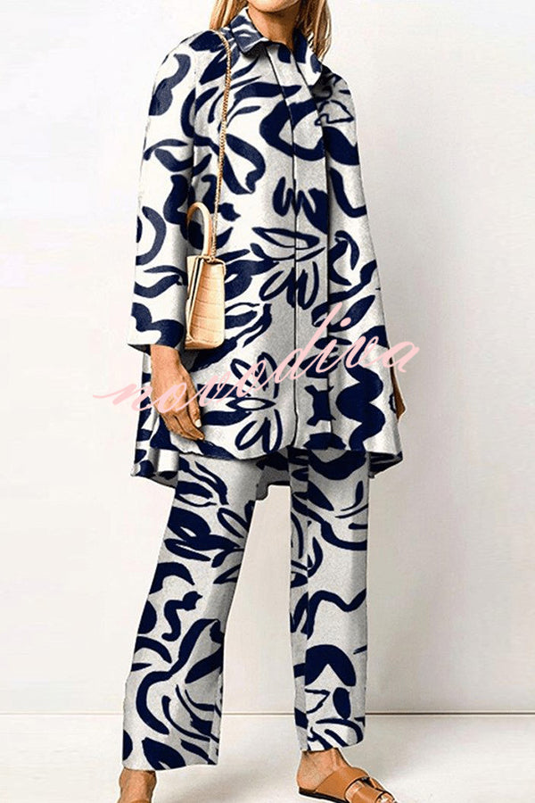 Geometric Print Lapel Long Sleeved Top and Pants Two Piece Set