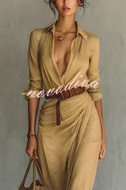 City Sleek Single Breasted Long Sleeve Warp Slit Shirt Maxi Dress