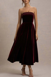 Center of Attention Velvet Satin Neck Bandeau Pleated Midi Dress