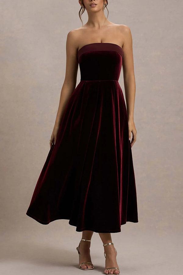 Center of Attention Velvet Satin Neck Bandeau Pleated Midi Dress