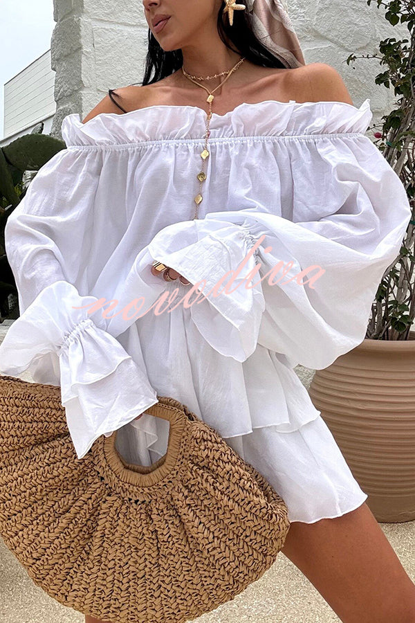 Arnell Linen Blend Off Shoulder Balloon Sleeve Shirt and Elastic Waist Layered Shorts Set