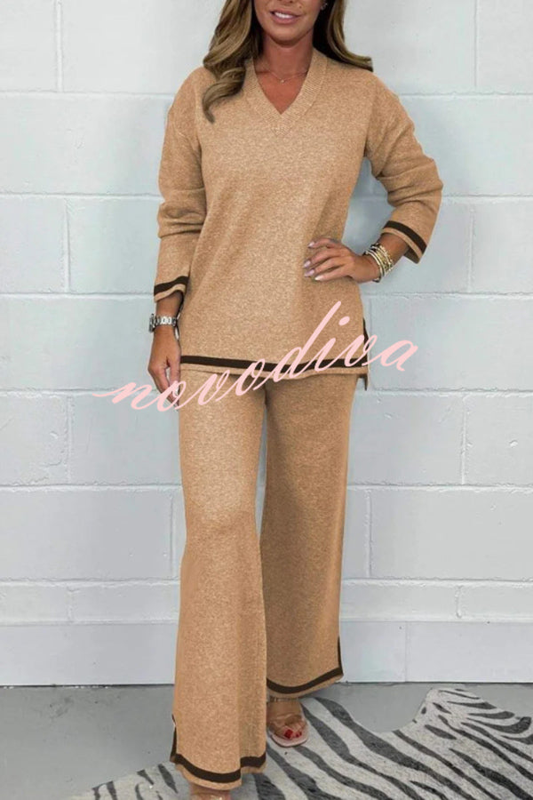 Solid Color V-neck Long-sleeved Loose Top and Elastic Waist Wide-leg Pants Set