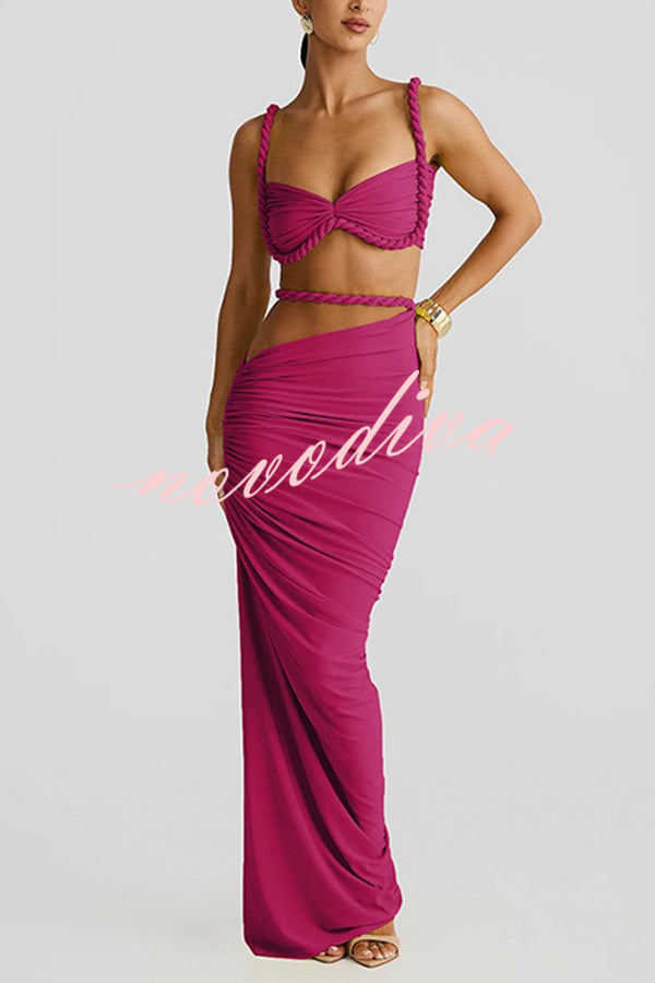 Sexy Halter Back Braided Suspender Top and Beach Holiday Style Hip-wrapped Maxi Skirt Set