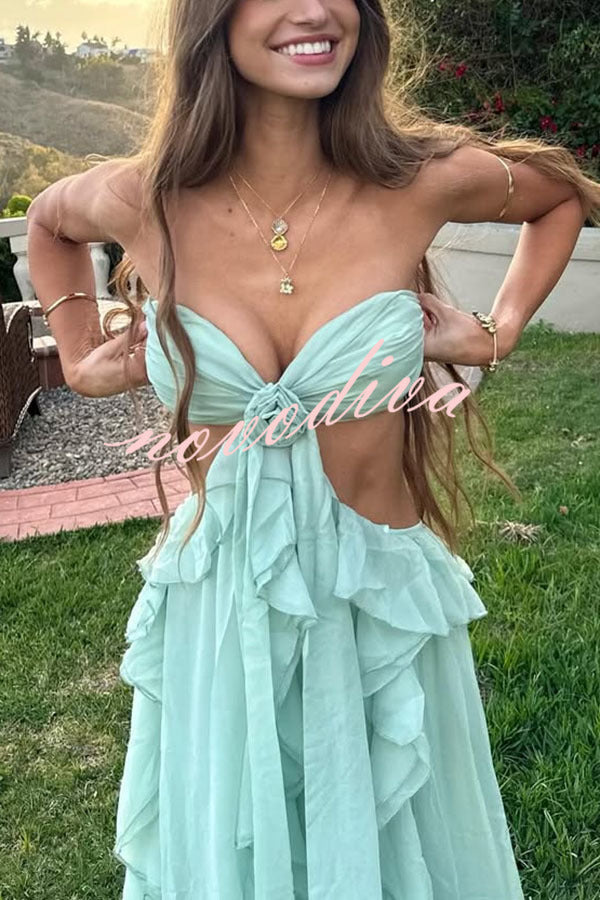 Gorgeous Vacation Halter Rose Detail Cut Out Ruffles Backless Maxi Dress