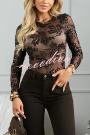 Dazzling and Sparkle Mesh Floral Sequin Long Sleeve Stretch Bodysuit