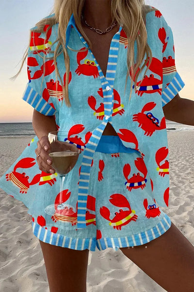 Crab Party Print Loose Button Elastic Waist Shorts Set