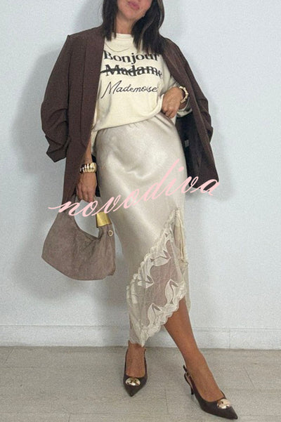Rolen Satin Lace Patchwork Elastic Waist Irregular Hem Midi Skirt
