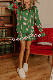 Christmas Dreaming Satin Nutcrackers Print Velvet Trim Elastic Waist Pocketed Pajama Shorts Set