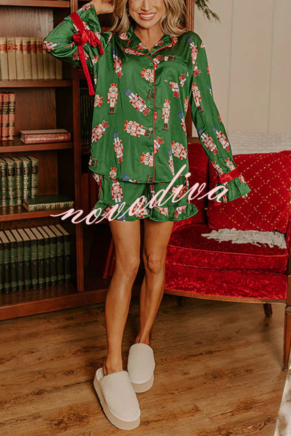 Christmas Dreaming Satin Nutcrackers Print Velvet Trim Elastic Waist Pocketed Pajama Shorts Set