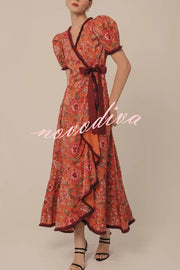 Bohemian Floral Print Elegant Puff Sleeve Holiday Maxi Dress