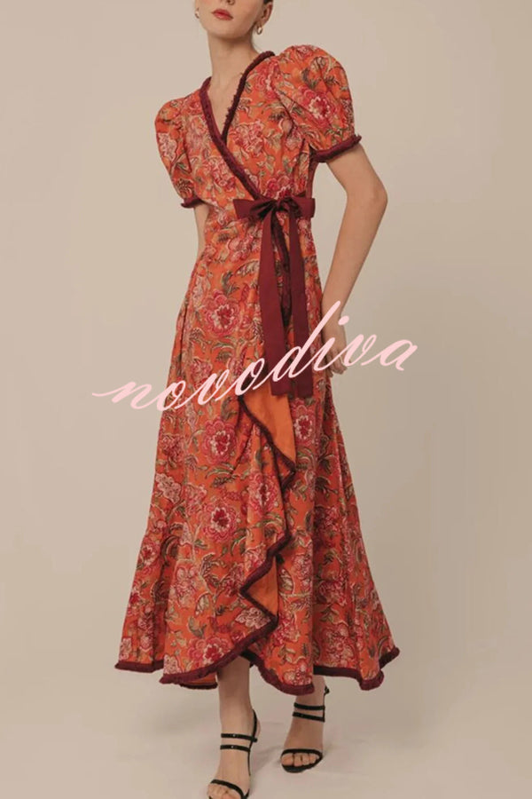 Bohemian Floral Print Elegant Puff Sleeve Holiday Maxi Dress
