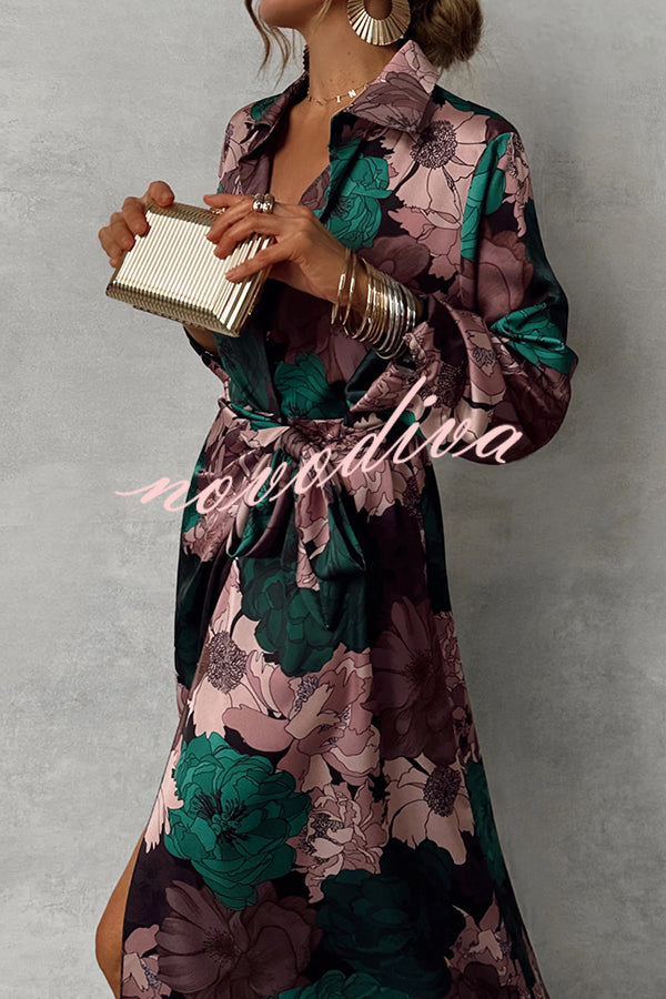 Floral Print Lapel Waisted Lace-up Long-sleeve Maxi Dress