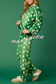 Christmas Printed Crew Neck Long Sleeve Top and Elastic Waist Loose Pants Set