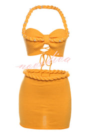 Sexy Halterneck Pearl-embellished Lace-up Tank and Fitted Knit Mini Skirt Set