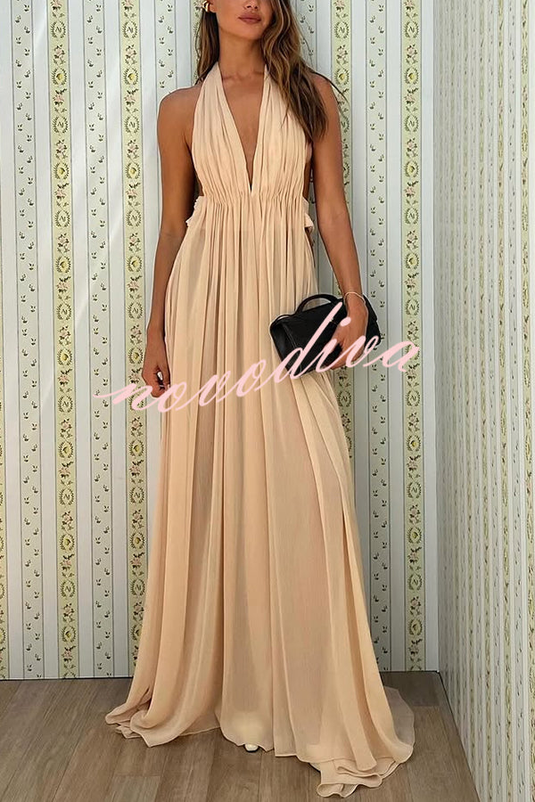 Ethereal Moment Tulle Cutout Ruched Waist Backless Halter Maxi Dress