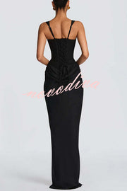 Larrah Square Neck Back Lace-up Satin Drape Hem Maxi Dress