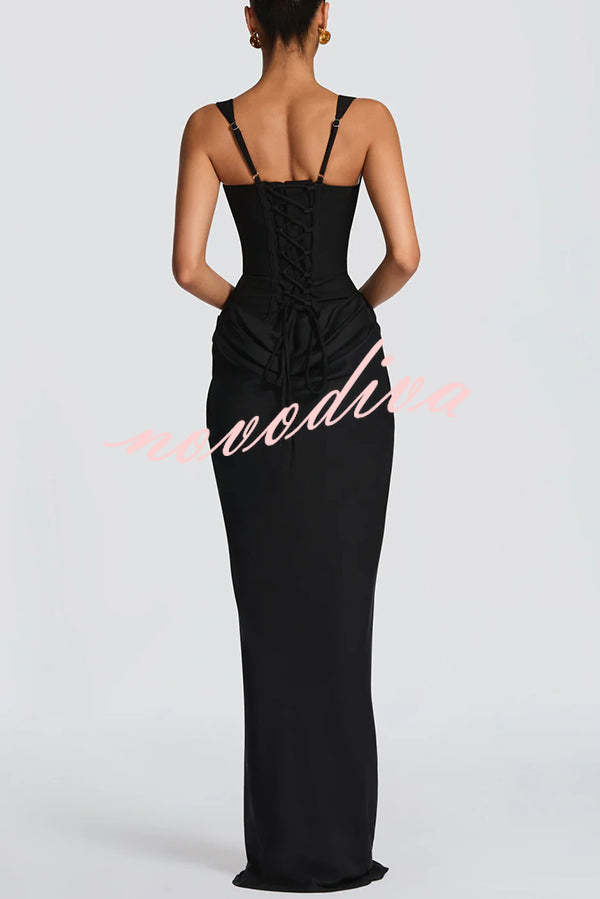 Larrah Square Neck Back Lace-up Satin Drape Hem Maxi Dress