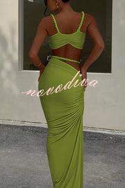 Sexy Halter Back Braided Suspender Top and Beach Holiday Style Hip-wrapped Maxi Skirt Set