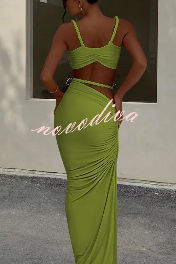 Sexy Halter Back Braided Suspender Top and Beach Holiday Style Hip-wrapped Maxi Skirt Set